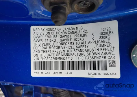 2021 Honda Civic Lx из США, поврежденный, VIN 2HGFC2F69MH534710